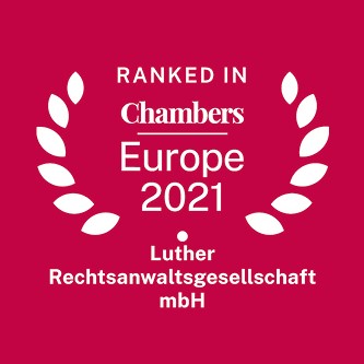 Image shows a badge recognizing Luther Rechtsanwaltsgesellschaft mbH as ranked in Chambers Europe 2021, featuring laurel leaves and a bold red background.