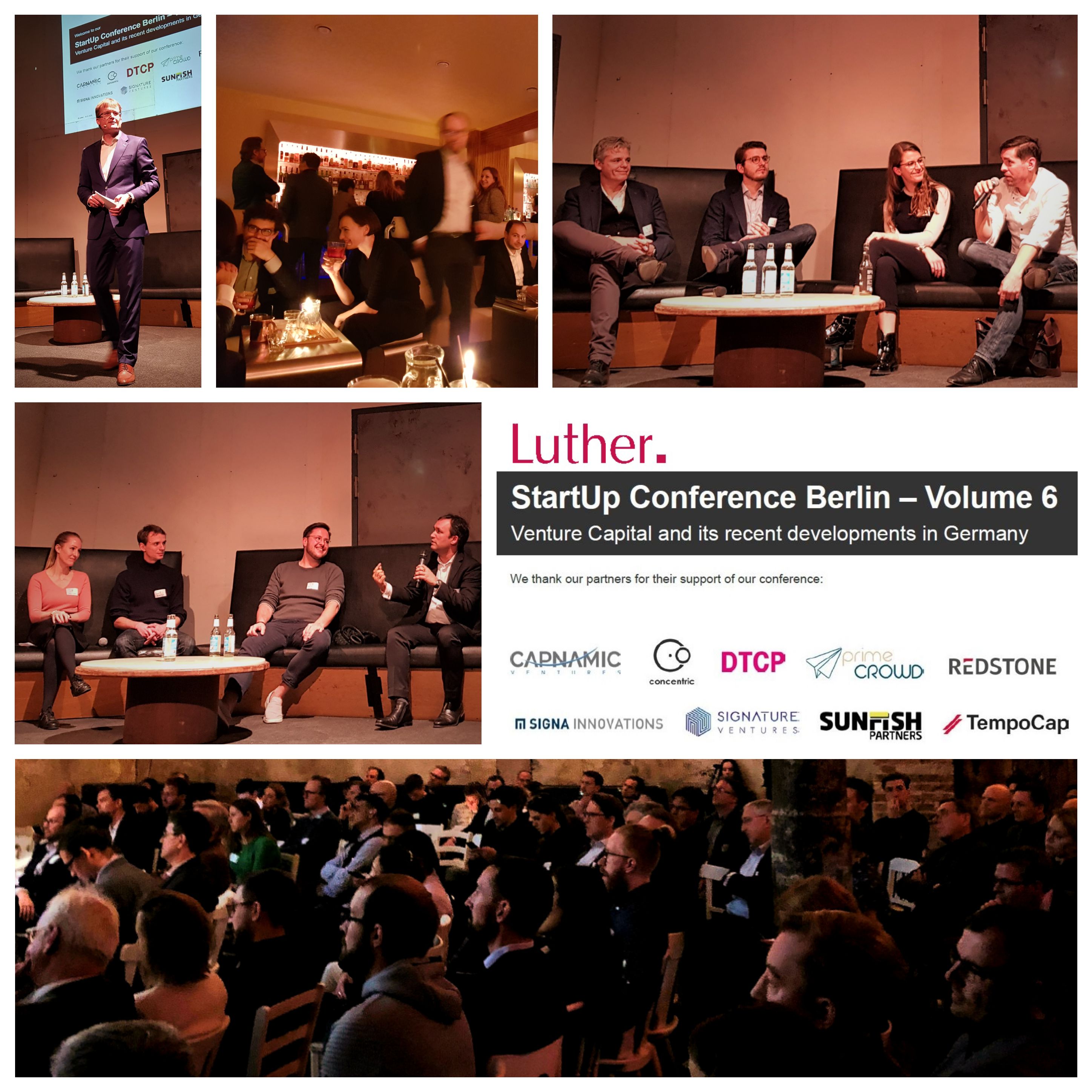 Image depicting the StartUp Conference Berlin, featuring a panel discussion on venture capital. Attendees engage in conversation and listen intently. The event branding and logos of sponsors are visible, reflecting a focus on networking and industry insights in a professional setting.