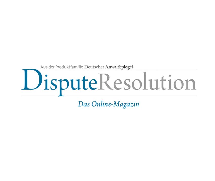 Logo von "DisputeResolution", einem Online-Magazin aus der Produktfamilie Deutscher AnwaltSpiegel. Der Titel ist in blauer und grauer Schrift gestaltet und gibt einen Hinweis auf Themen der Streitbeilegung.