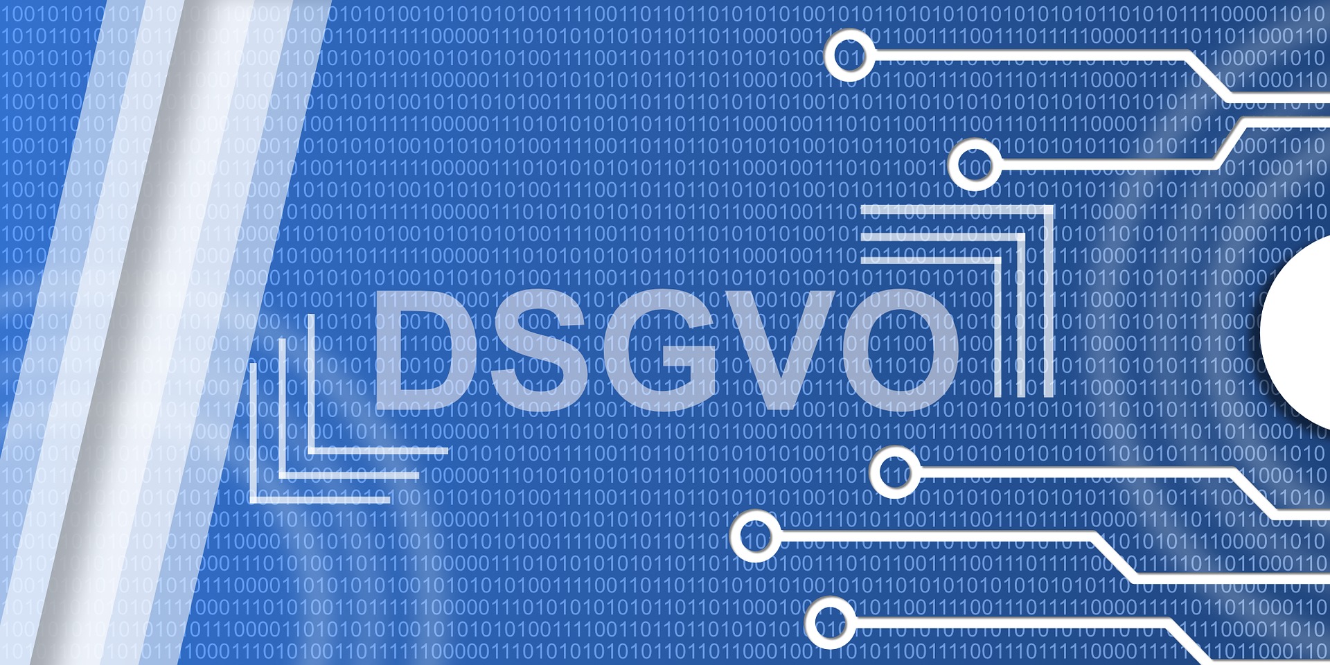 A blue background features the text "DSGVO" prominently in the center. Binary code (1s and 0s) fills the background, with graphic elements resembling digital circuits or connections on the right. The design conveys themes of data protection and digital information.
