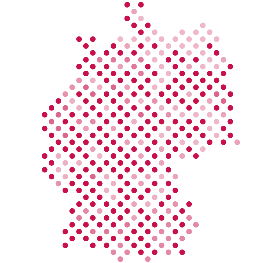 Eine stilisierte Darstellung von Deutschland, die aus pinken und hellrosa Punkten besteht. Die Punkte formen die Umrisse des Landes und verleihen ihm eine moderne, grafische Note. Der Hintergrund ist schwarz, was die Farben der Punkte hervorhebt.