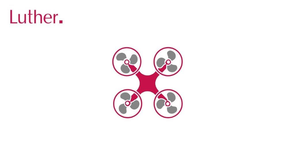 A graphic featuring a stylized drone with four propellers positioned around a central hub. The word "Luther" is displayed prominently in the top left corner. The overall design uses a clean, modern layout with a minimal color scheme.