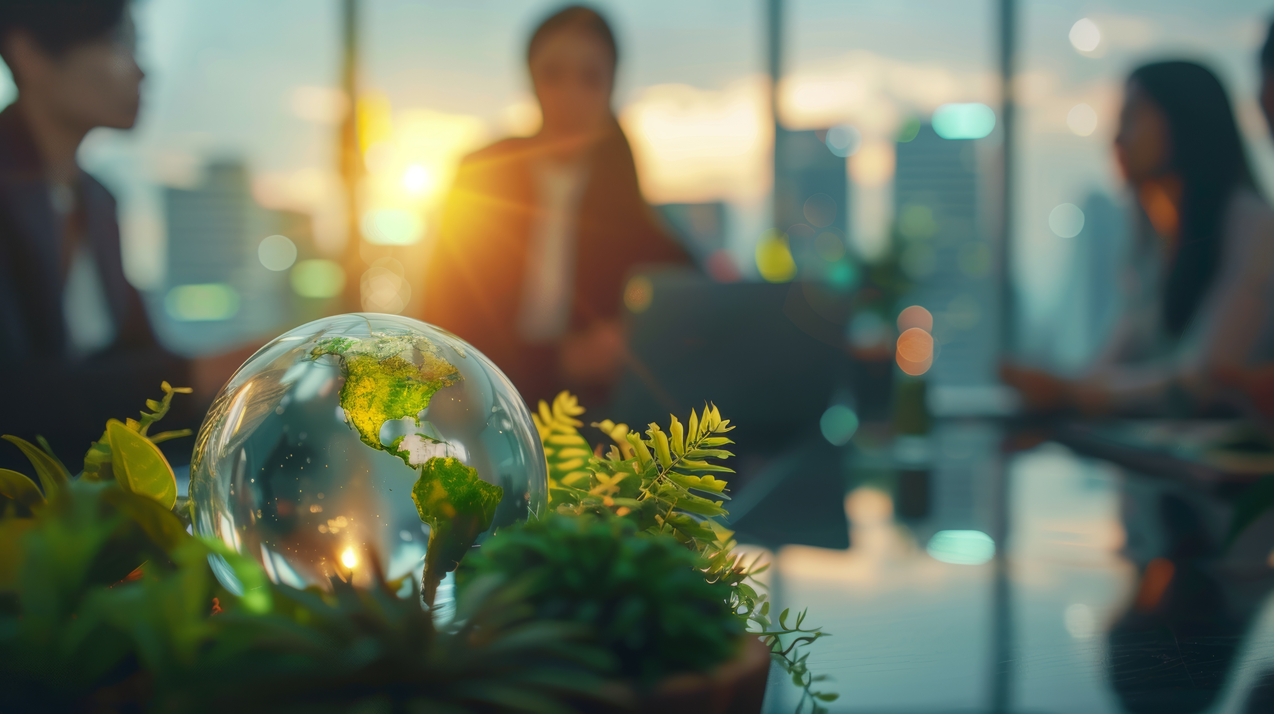 Eine gläserne Erdkugel mit grüner und blauer Darstellung der Kontinente steht auf einem Tisch, umgeben von Pflanzen. Im Hintergrund sind unscharfe Silhouetten von Personen zu sehen, während die Sonne hinter modernen Gebäuden aufgeht. Das Bild symbolisiert Umweltbewusstsein und Zusammenarbeit.
