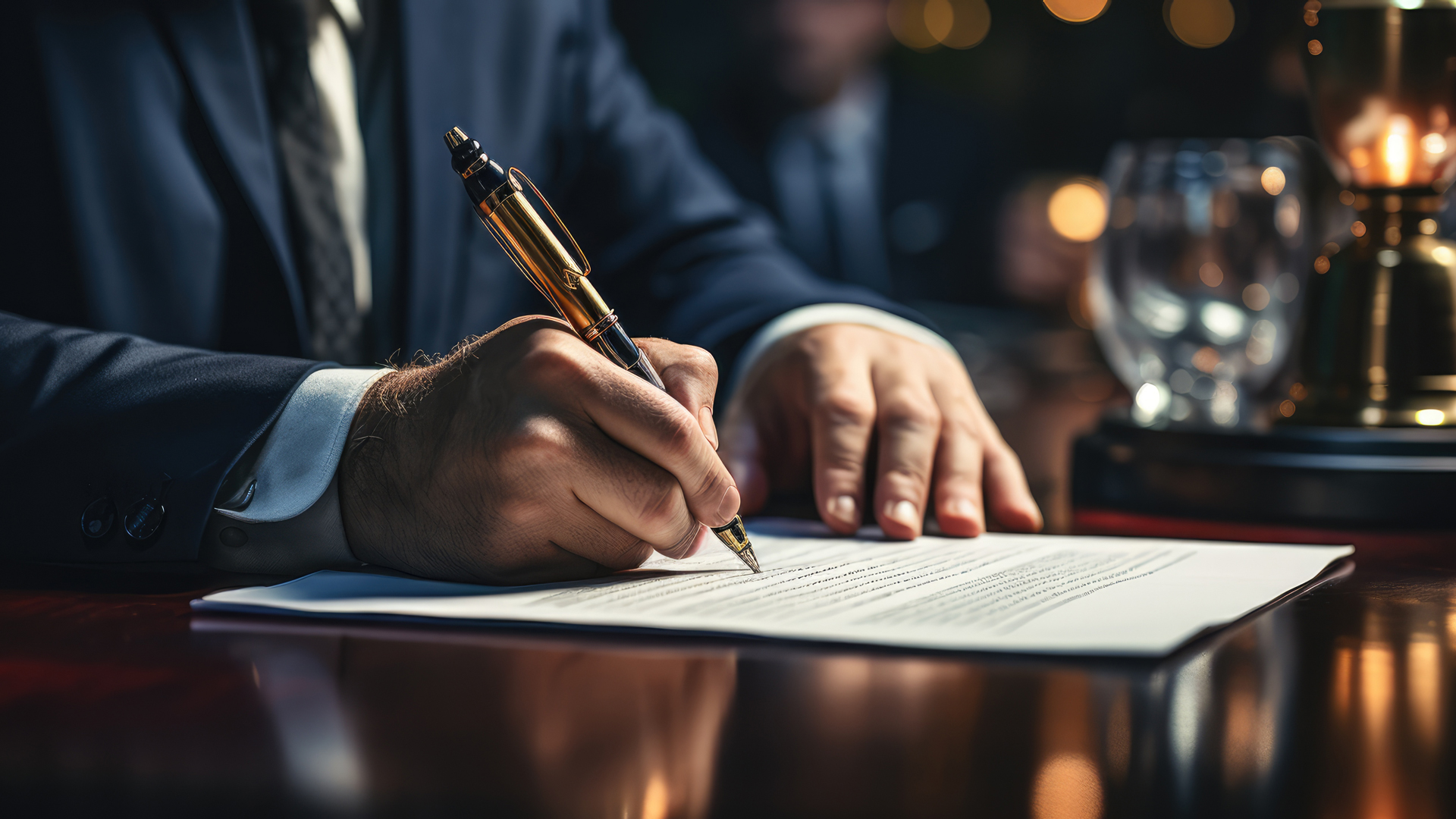 Ein Mann in einem Anzug schreibt mit einer goldenen Füllfeder auf einem weißen Blatt Papier. Der Tisch ist aus Holz, im Hintergrund sind unscharfe Lichter sichtbar, die eine elegante Atmosphäre schaffen.