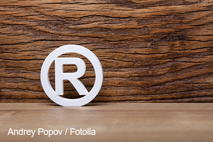 Ein weißes, rundes Symbol mit einem großen "R" in der Mitte steht vor einer Holzoberfläche. Das Bild vermittelt die Idee eines eingetragenen Markenzeichen.