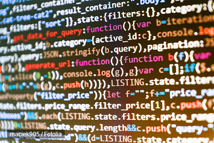 Der Hintergrund zeigt einen Ausschnitt von Quellcode in verschiedenen Farben, der Programmieranweisungen und Funktionen darstellt. Die Textzeilen enthalten Begriffe wie „function“, „query“ und „filter“. Die technische Darstellung weist auf Softwareentwicklung oder Datenverarbeitung hin.