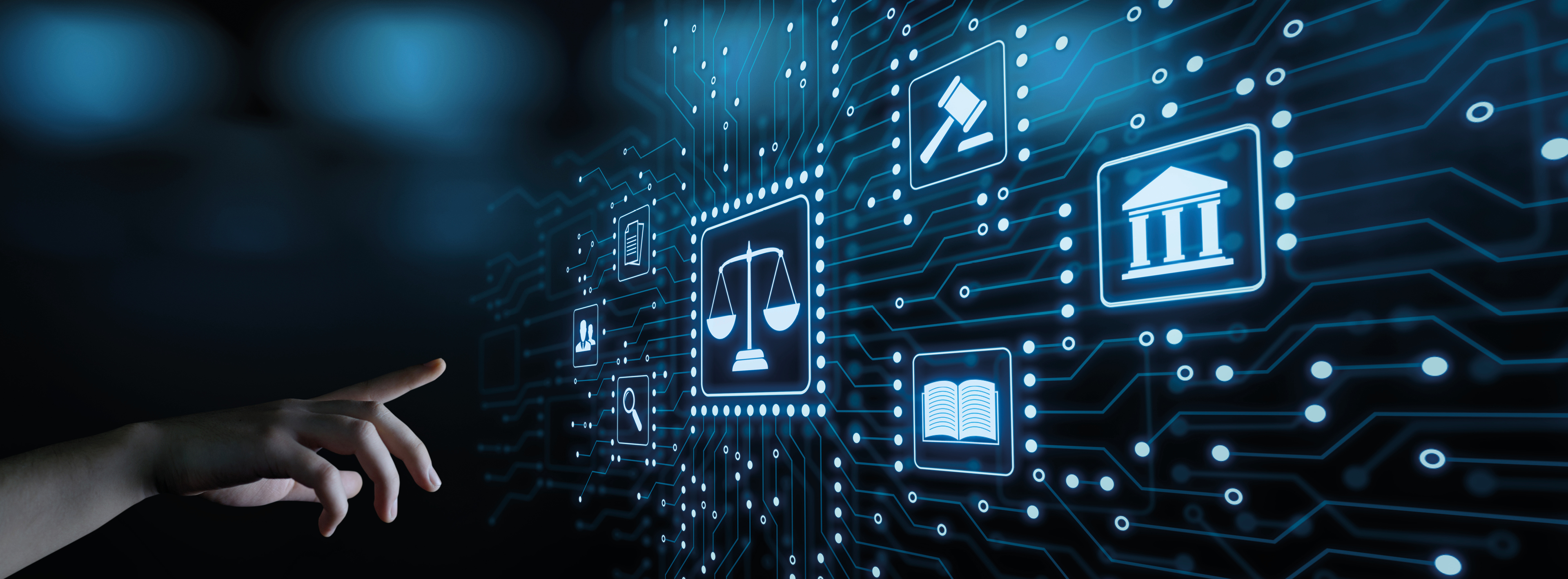Eine Hand zeigt auf digitale Symbole, die rechtliche Themen darstellen, darunter eine Waage, ein Gerichtssymbol, ein Buch und andere rechtliche Elemente. Der Hintergrund ist in kühlen Blau- und Grautönen gehalten, was eine moderne, technologische Atmosphäre vermittelt.