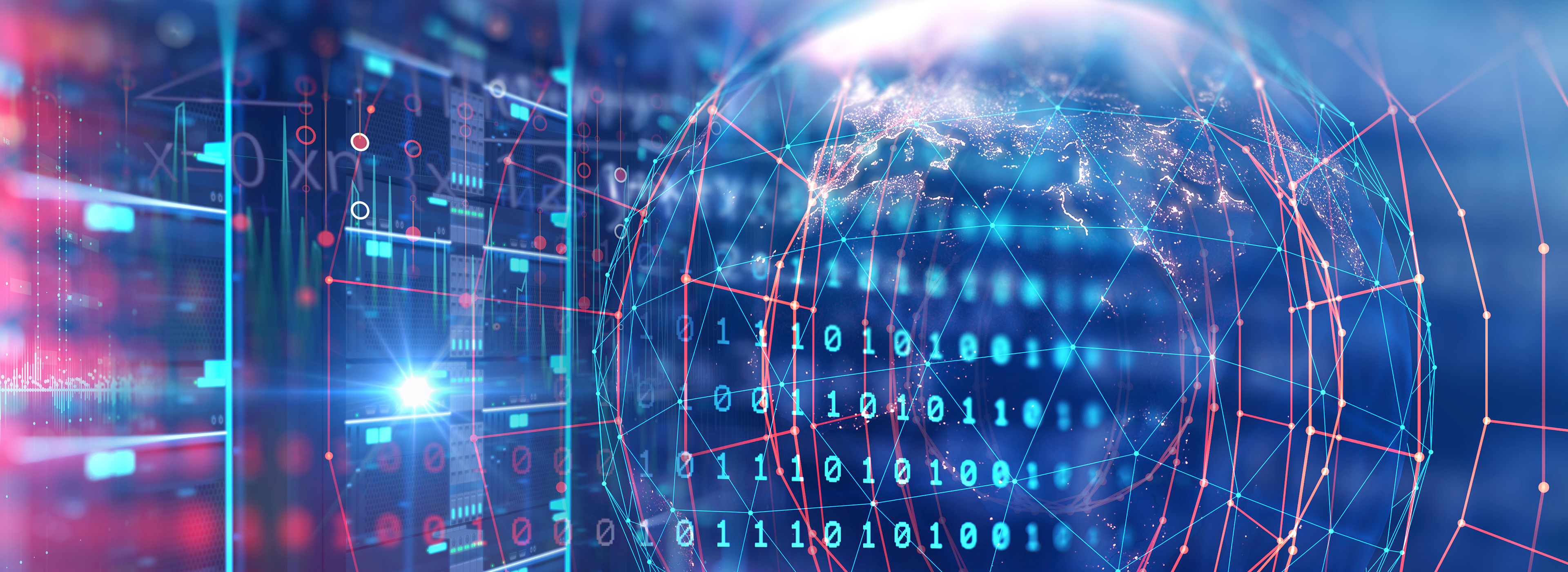 Eine digitale Darstellung der Erde umgeben von Netzwerkverbindungen und binären Code-Zahlen. Die Grafik symbolisiert Technologien und Datenverbindungen in einer globalisierten Welt. Helle Lichter und Farben betonen die moderne, technologische Ästhetik.