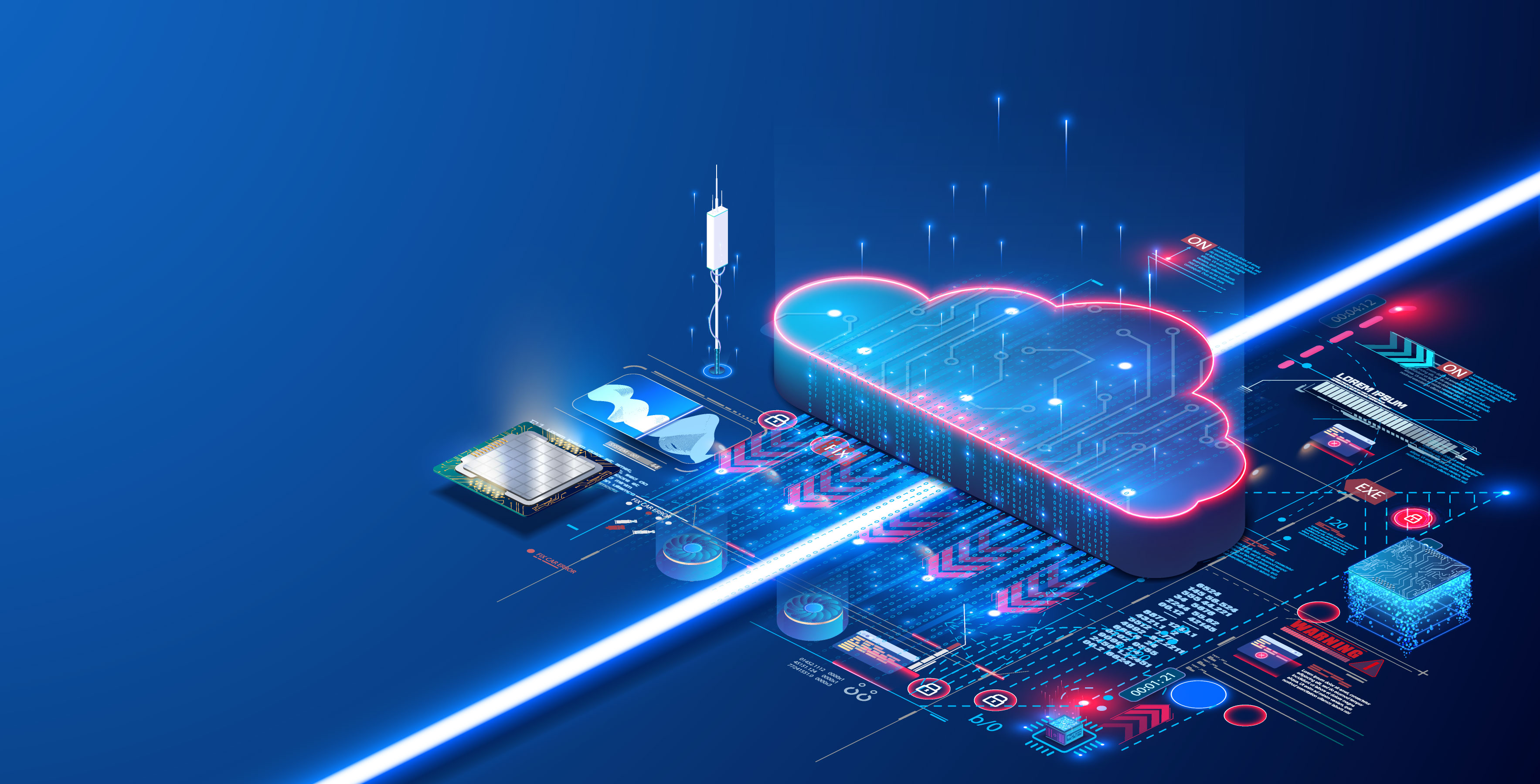 Das Bild zeigt eine digitale Cloud mit Neonlichtern, umgeben von Datenströmen und technischen Symbolen. Elemente wie Prozessoren und Datenboxen deuten auf moderne Technologie und die Verarbeitung von Informationen hin. Der Hintergrund ist in verschiedenen Blau- und Lichttönen gehalten.