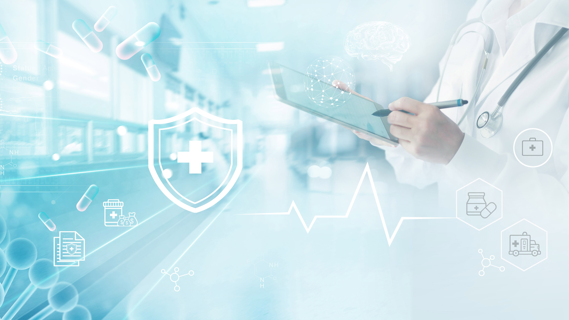 Ein Arzt hält ein Tablet und notiert etwas. Im Hintergrund sind schemenhafte Krankenhausflure zu sehen. Grafische Elemente wie ein Schild mit einem Kreuz, Medikamenten und ein EKG-Linienmuster unterstreichen das Thema Gesundheit und medizinische Technologie.