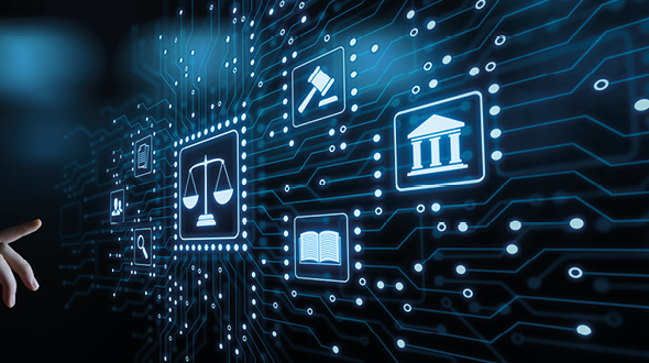 Die Abbildung zeigt ein digitales Interface mit verschiedenen Symbolen, die juristische Themen darstellen. In der Mitte sind Waagschalen abgebildet, umgeben von Icons wie einem Hammer, einem Buch und einem Gebäude, die auf Recht und Gesetz hinweisen.