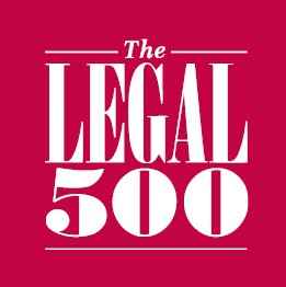 Logo of "The Legal 500" featuring the text prominently. The background is a solid color, creating a bold and striking visual. The design emphasizes legal services and professional recognition.