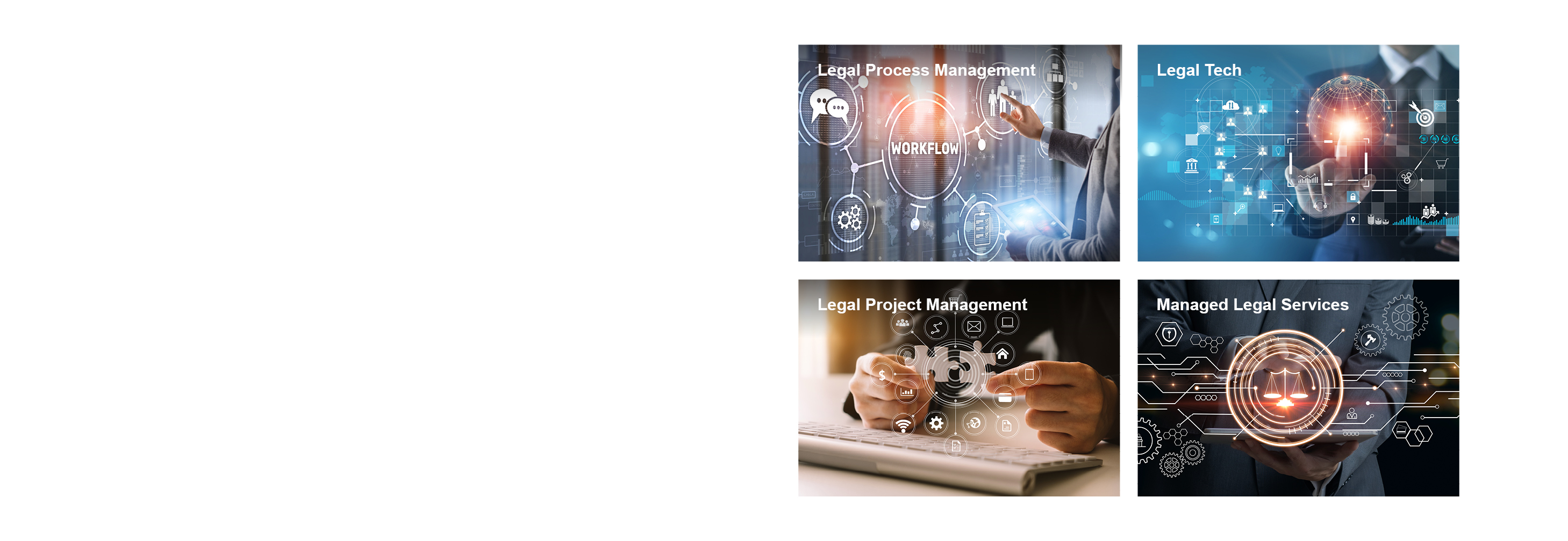Vier Bilder zeigen verschiedene Aspekte der Rechtsberatung: Legal Process Management mit einem Fokus auf Workflow; Legal Tech, das digitale Innovationen präsentiert; Legal Project Management mit Symbolen für Organisation; und Managed Legal Services, das Skalierung und Effizienz in rechtlichen Dienstleistungen darstellt.