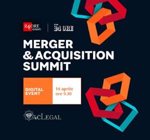 Das Bild kündigt einen digitalen Event zum Thema „Merger & Acquisition Summit“ an, der am 14. April um 9:30 Uhr stattfindet. Es enthält grafische Elemente in Form von bunten Ringen und das Logo von 4cLegal.
