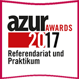 Logo der azur Awards 2017, das den Fokus auf Referendariat und Praktikum legt. Die Schriftfarbe ist schwarz, während das Jahr 2017 und die Kategorie in Rot hervorgehoben sind.