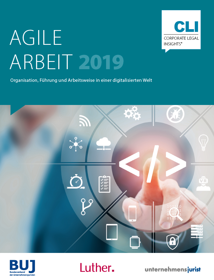 The image features the title "Agile Arbeit 2019", an exploration of organization, leadership, and work practices in a digital world. Around the title are various icons symbolizing technology, teamwork, and digital tools, conveying themes of innovation and collaboration. The design has a modern, professional look.