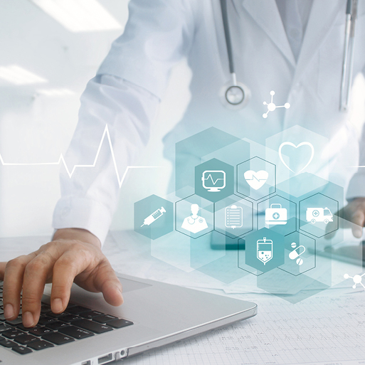 A healthcare professional in a white coat is using a laptop. Floating health-related icons represent concepts such as medical tools, patient care, and heart health. A heartbeat line is visible in the background, emphasizing a focus on modern healthcare technology and digital solutions.