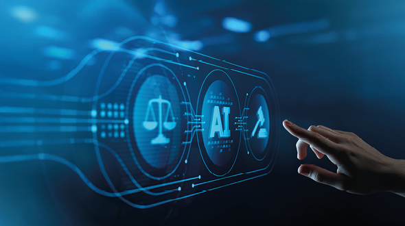 Eine Hand berührt ein digitales Interface mit Symbolen für Gerechtigkeit, Künstliche Intelligenz (AI) und Rechtsordnung. Die Icons sind in einem futuristischen, blauen Design präsentiert, was den Fokus auf Technologie und Recht legen soll.