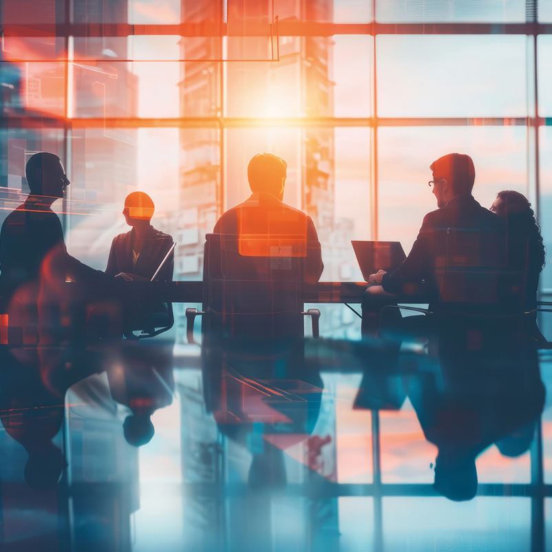 Eine Gruppe von fünf Personen sitzt an einem Konferenztisch. Sie sind silhouettiert vor großen Fenstern, die das Licht einer Stadtlandschaft einfangen. Die Atmosphäre wirkt geschäftlich und fokussiert, während sie sich anscheinend in einer Besprechung befinden.