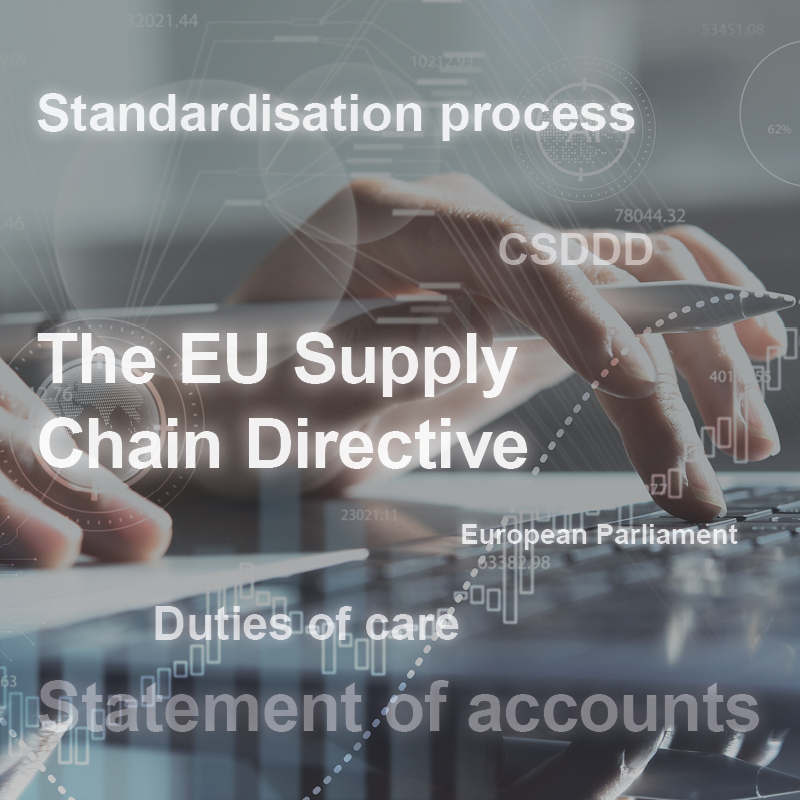 Image of a person's hands on a keyboard, with overlay text discussing the EU Supply Chain Directive, standardization processes, and duties of care. The background features data visualization elements, suggesting themes of technology and compliance in supply chain management.