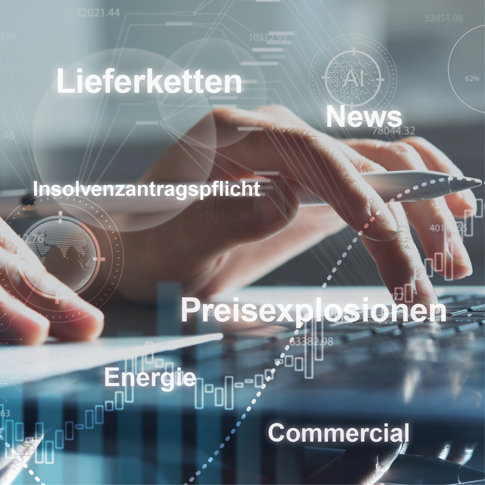 Ein Benutzer tippt auf einer Tastatur, während Informationen zu aktuellen Themen wie „Lieferketten“, „Insolvenzantragspflicht“, „Preisexplosionen“ und „Energie“ sichtbar sind. Grafische Elemente und Diagramme umrahmen den Text und zeigen wirtschaftliche Daten an.