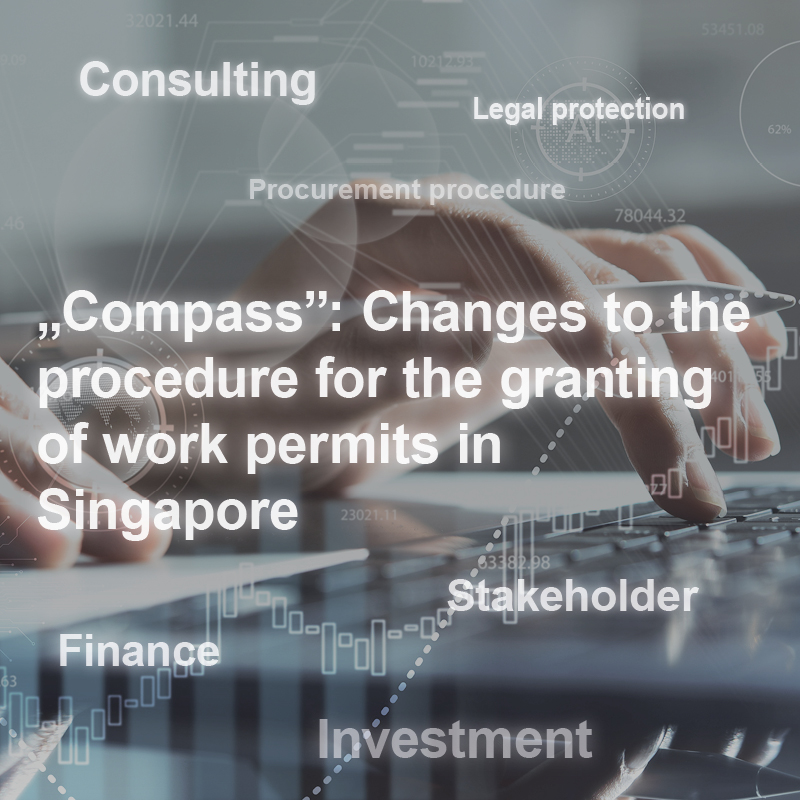 Image showing hands typing on a laptop, with overlaid text about changes to the procedures for granting work permits in Singapore, titled "Compass." Relevant terms like "Consulting," "Finance," "Investment," and "Legal protection" are also visible in the background.