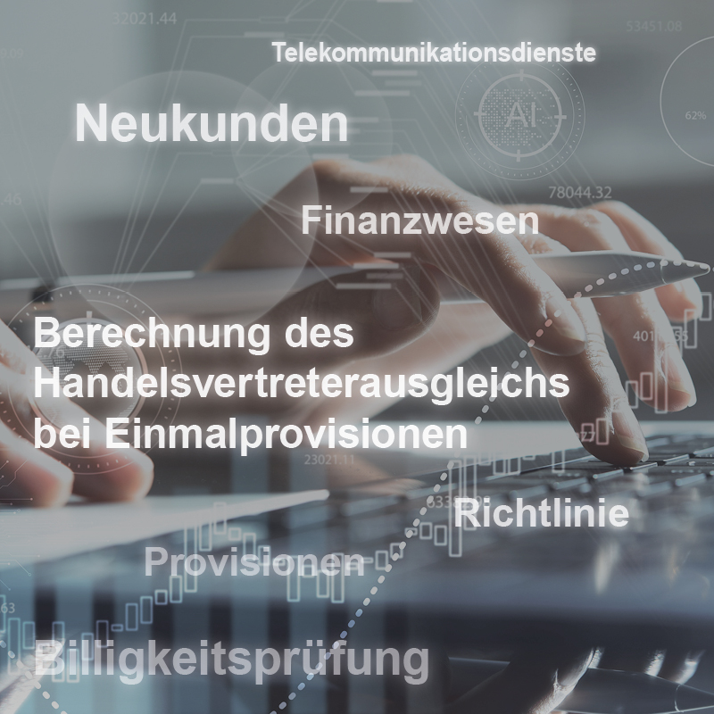 The image features a close-up of hands typing on a keyboard, overlaid with terms related to telecommunications and finance. Key phrases include "New Customers," "Finance," and "Calculation of Commission Adjustments." Graphical elements suggest data analysis and the evaluation of financial metrics.