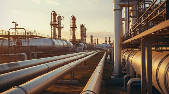 Das Bild zeigt eine Industrieanlage mit mehreren großen Rohrleitungen, die durch ein Gelände führen. Im Hintergrund sind Raffineriemontagen und Tanks zu sehen. Die Szene ist bei Sonnenuntergang aufgenommen, was eine warme Beleuchtung erzeugt.