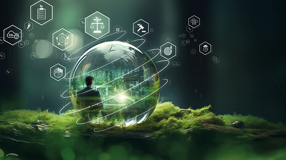 Ein Mann steht vor einer transparenten Kugel, die eine moderne Stadtlandschaft darstellt. Um die Kugel herum sind Symbole, die verschiedene Themen wie Technologie, Nachhaltigkeit und Innovation repräsentieren. Eine grüne, moosbedeckte Oberfläche ergänzt die Szenerie und schafft eine harmonische Verbindung zur Natur.