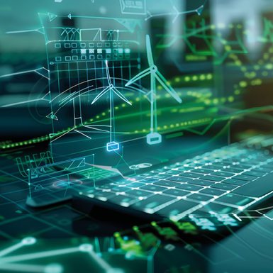 Ein Tastatur-Overlay zeigt grafische Darstellungen von Windkraftanlagen und digitalen Daten. Die Darstellung vermittelt ein Gefühl von Technologie und Innovation im Bereich erneuerbare Energien.