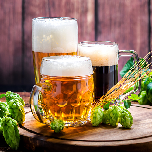 Drei Biergläser auf einem Holzbrett: Ein helles Bier in einem hohen Glas, ein goldenes Lager in einem Krug und ein dunkles Bier in einem anderen Glas. Um die Gläser liegen Hopfenzweige und Gerstenehren. Der Hintergrund ist aus Holz.
