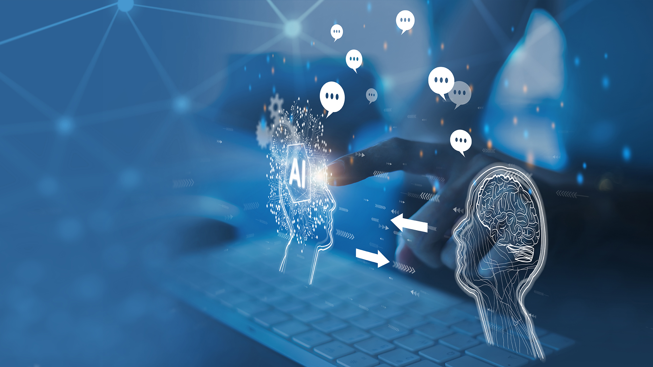 Das Bild zeigt eine stilisierte Darstellung eines menschlichen Kopfes mit dem Text "AI" im Gehirn. Eine Hand berührt den Kopf, während Sprechblasen über dem Kopf schweben. Der Hintergrund ist blau und unscharf mit abstrakten Elementen, die Technologie symbolisieren.