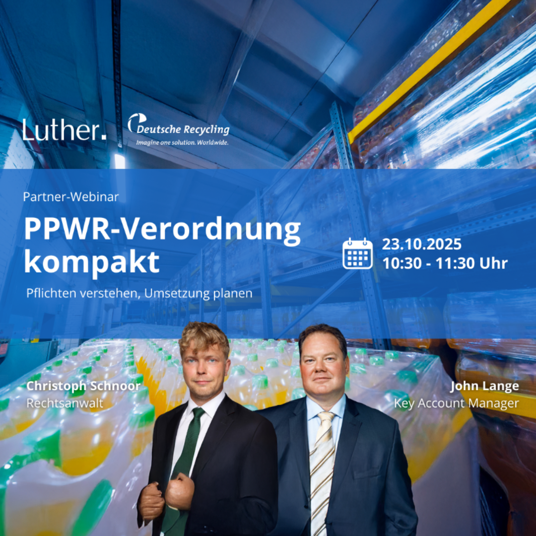 Das Bild kündigt ein Partner-Webinar zur PPWR-Verordnung an. Es zeigt die Referenten Christoph Schnoor und John Lange. Das Webinar findet am 23. Oktober 2025 von 10:30 bis 11:30 Uhr statt und zielt darauf ab, Pflichten zu verstehen und die Umsetzung zu planen.