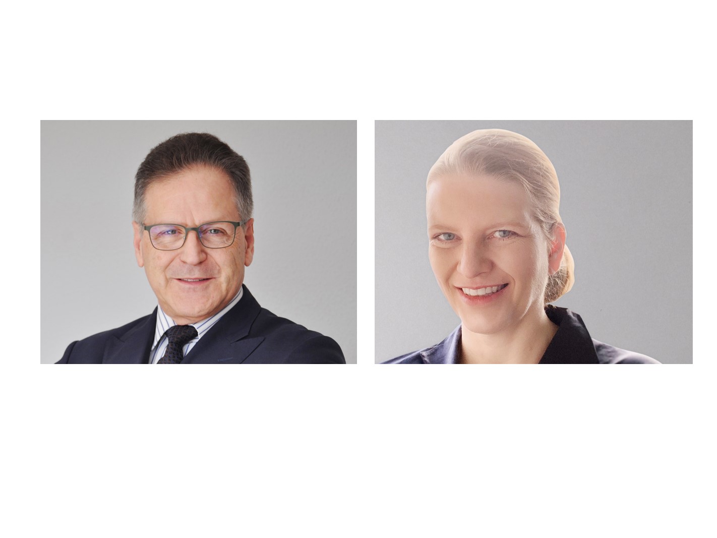 Das Bild zeigt zwei Personen in professioneller Kleidung. Links steht ein Mann mit Brille und einem freundlichen Lächeln, während rechts eine Frau mit einem lächelnden Gesicht und einem eleganten Outfit abgebildet ist. Beide wirken kompetent und freundlich.