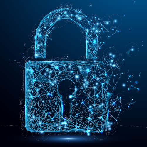 Ein geometrisches Schloss, dargestellt durch leuchtende Linien und Punkte, symbolisiert digitale Sicherheit. Der Hintergrund ist dunkel und verstärkt den Kontrast des Schlosses, das in der Mitte der Grafik platziert ist.
