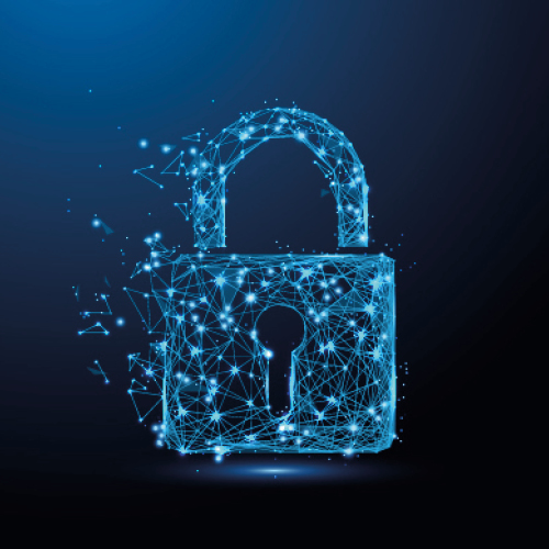 Eine digitale Darstellung eines Vorhängeschlosses aus leuchtenden, vernetzten Linien und Punkten auf dunklem Hintergrund. Das Schloss symbolisiert Sicherheit und Schutz von Informationen in einer technologischen Umgebung.