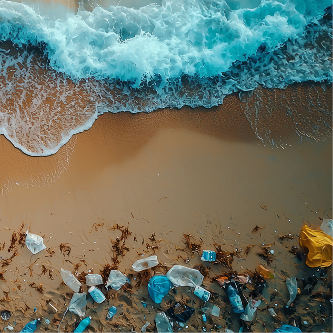 Ein Strandabschnitt mit Wellen, die auf den Sand treffen. Am Ufer liegt Müll, einschließlich Plastikflaschen und Tüten, umgeben von Seegras. Die Farben des Wassers sind blau und schaumig, während der Sand einen hellen Ton hat.