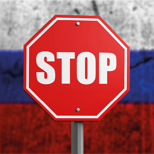 A red octagonal stop sign is prominently displayed, featuring the word "STOP" in large white letters. The background includes colors associated with the Russian flag.