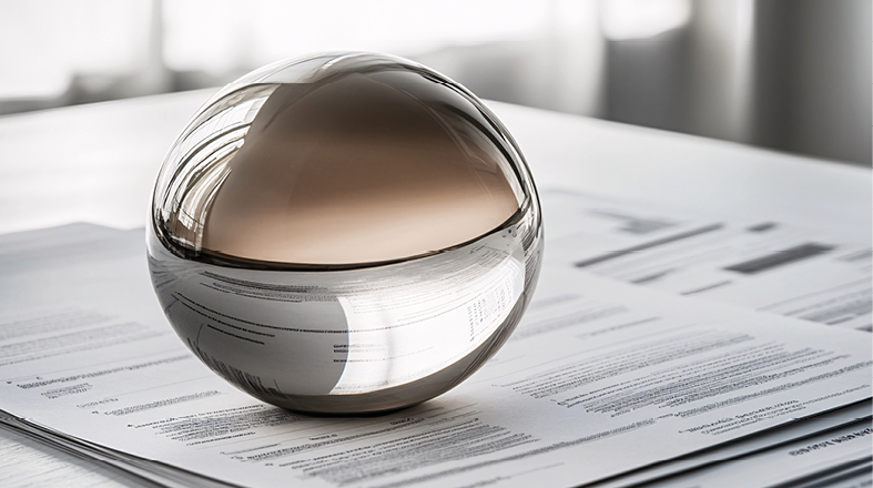 Eine glänzende, brünierte Glaskugel steht auf einem Stapel von Dokumenten. Die Kugel reflektiert teilweise die Umgebung und wirkt modern und elegant. Der Kontrast zwischen der Kugel und den bedruckten Seiten erzeugt ein harmonisches Bild.