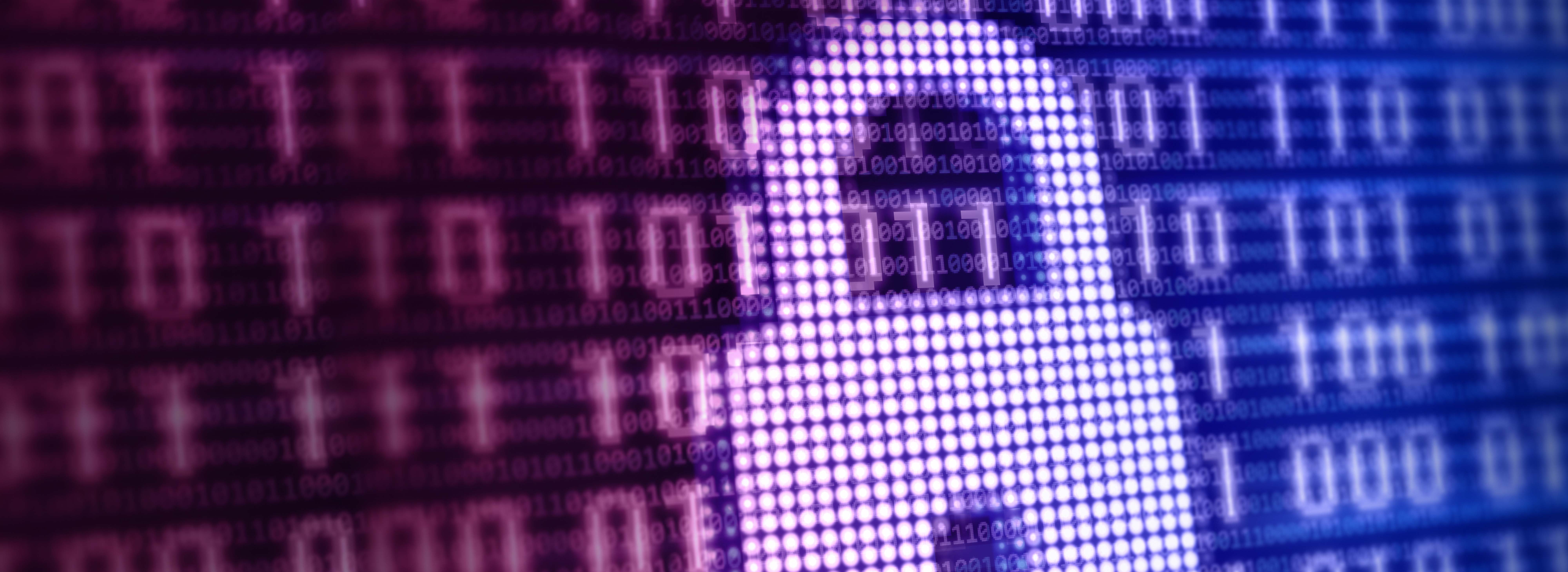Ein verschwommenes, digitales Hintergrundmuster aus Binärcode in Blau- und Violetttönen, mit einem zentralen Schlosssymbol, das Sicherheit und Datenschutz repräsentiert.
