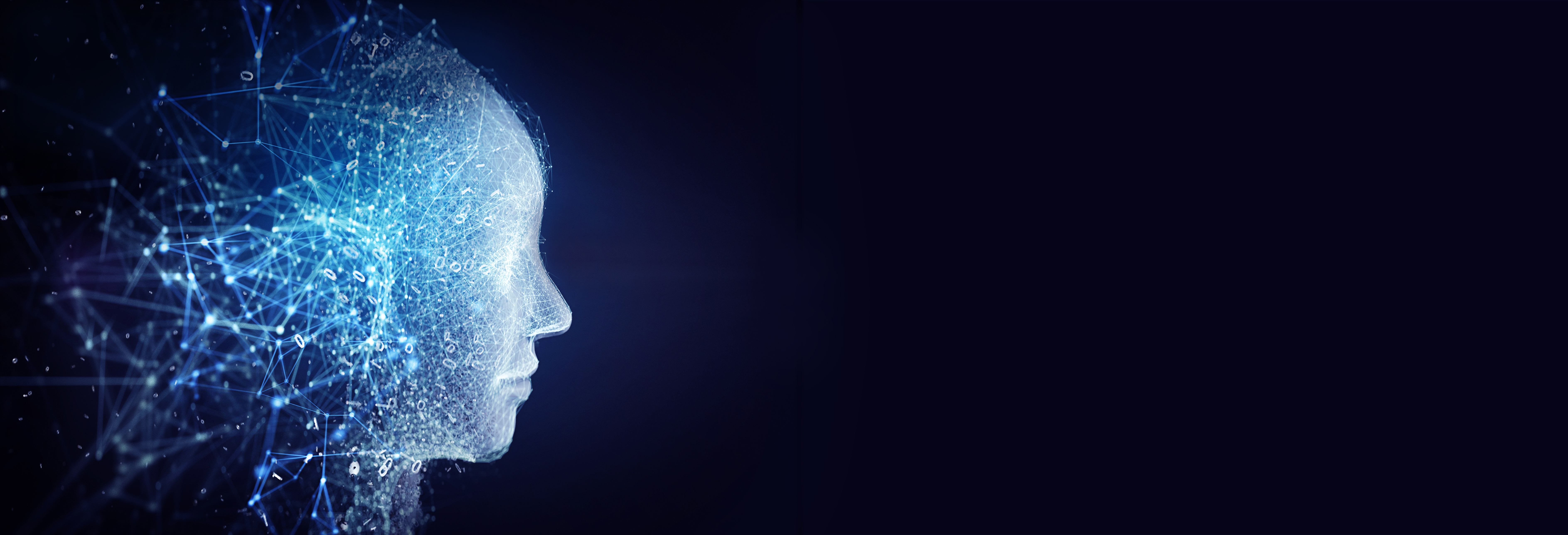 Das Bild zeigt das Profil eines menschlichen Gesichts, das aus digitalen Linien und Punkten besteht, die miteinander verbunden sind, und einen technologischen, futuristischen Eindruck vermitteln. Der Hintergrund ist dunkel, wodurch die leuchtenden Elemente des Gesichts hervorgehoben werden.