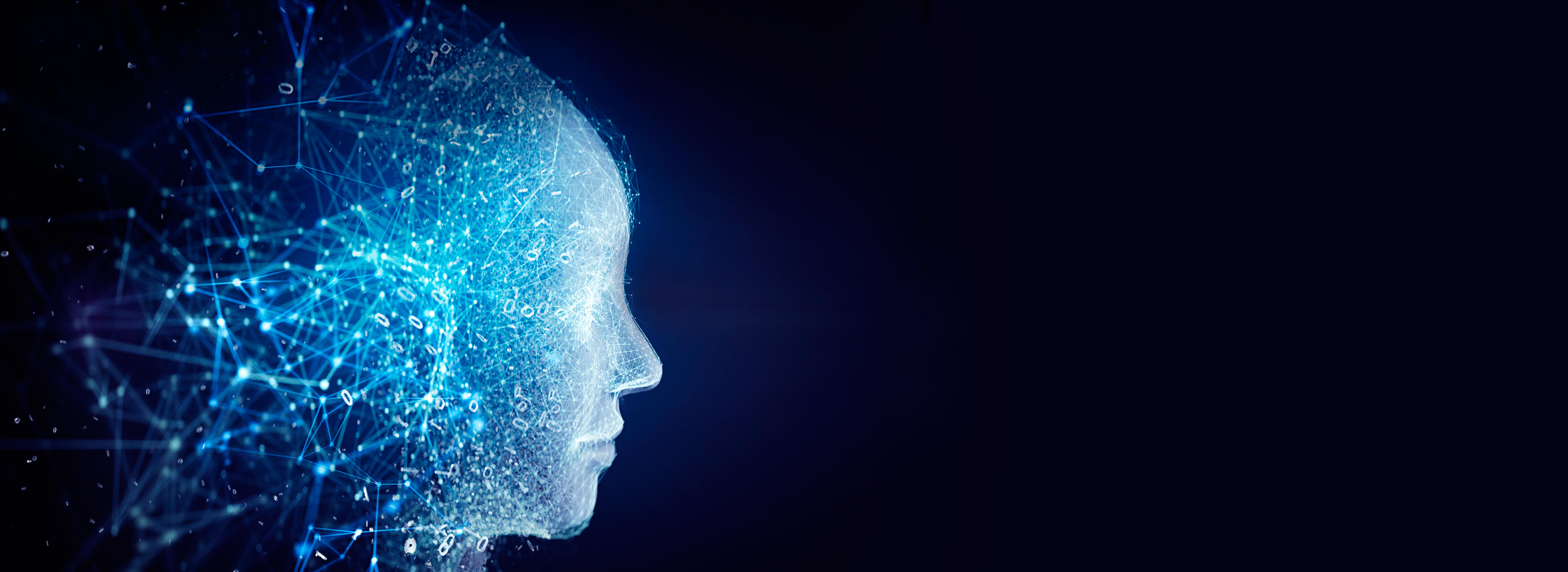 Das Bild zeigt das Profil eines menschlichen Kopfes, erstellt aus einem Netzwerk von Lichtpunkten und Linien in blauen Tönen. Es vermittelt ein Gefühl von Technologie und Kreativität, möglicherweise im Zusammenhang mit künstlicher Intelligenz oder digitaler Innovation.