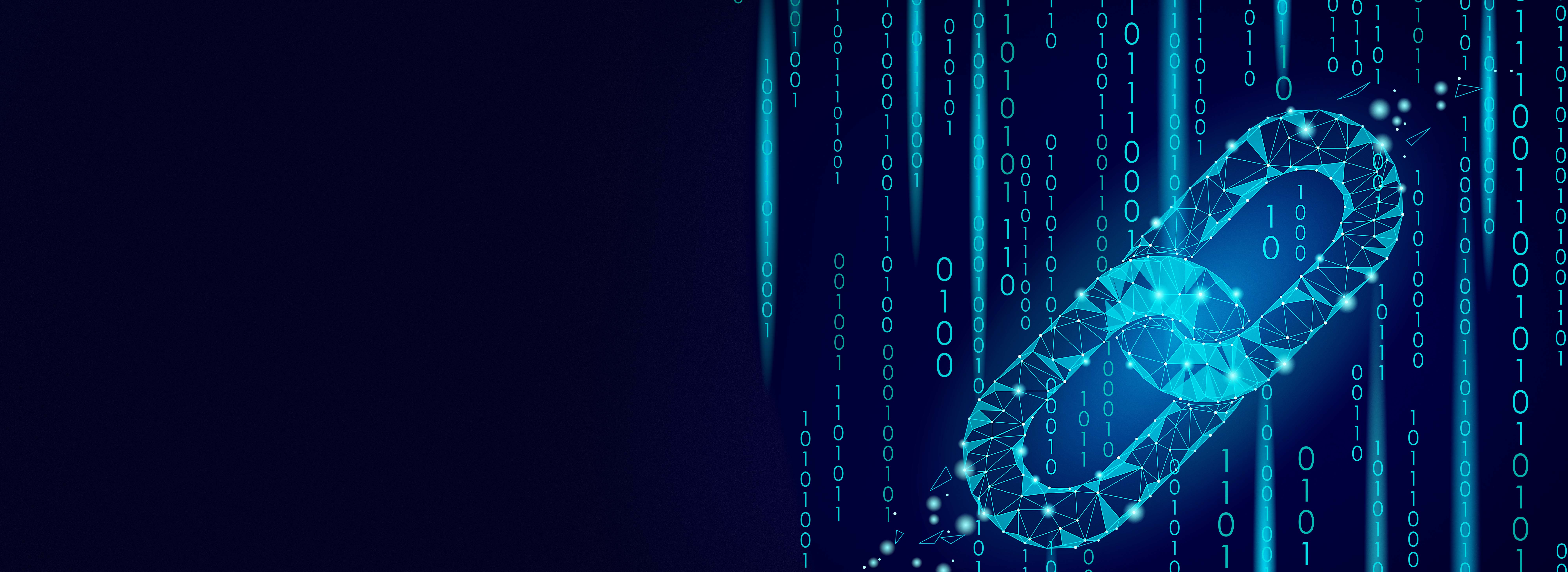 Ein stilisierter blauer Kettenring, der aus geometrischen Linien besteht, ist vor einem Hintergrund mit grünen binären Zahlen dargestellt. Die Grafik symbolisiert digitale Sicherheit und Blockchain-Technologie.