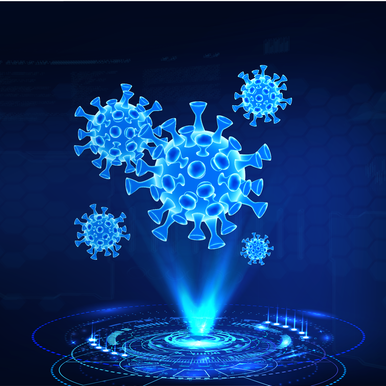 A digital illustration depicts blue, glowing virus structures floating above a circular data interface. The background is dark, enhancing the luminescence of the viruses, suggesting a focus on scientific research or technological monitoring related to infectious disease.