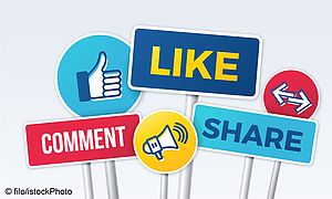 The image features colorful signs with text that encourages social media engagement: "LIKE," "COMMENT," and "SHARE." A thumbs-up icon accompanies "LIKE," while a megaphone represents "COMMENT." The overall theme emphasizes interaction and participation in online platforms.