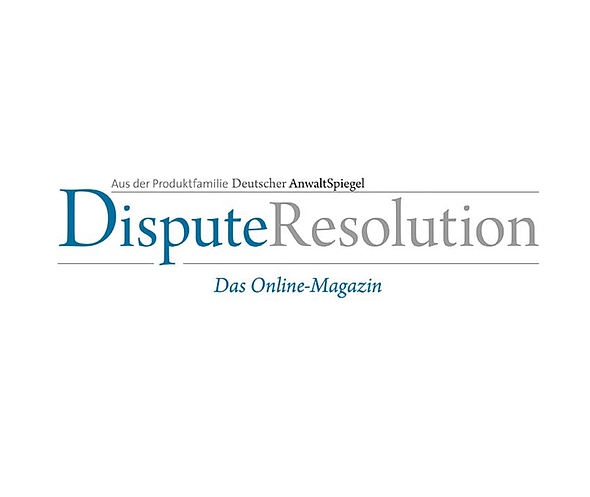 Logo for "Dispute Resolution," an online magazine from the Deutsche AnwaltSpiegel product family. The title combines blue and gray text, emphasizing the focus on dispute resolution topics. The phrase "Das Online-Magazin" is included, indicating its digital format.