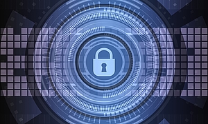 A digital padlock icon is centered within a circular, futuristic design featuring blue and gray patterns. The background includes abstract shapes and lines, symbolizing security and technology. This image conveys themes of data protection and cybersecurity.