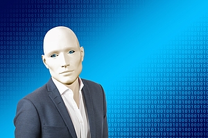 Ein humanoider Roboter mit glattem, hellen Gesicht und menschlichen Zügen trägt einen Anzug. Der Hintergrund besteht aus einer blauen Farbverläuf und binären Zahlen. Die Darstellung vermittelt ein futuristisches Gefühl, das Technologie und Menschlichkeit kombiniert.