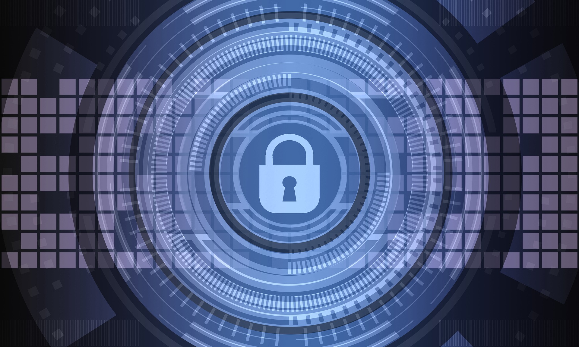 A digital illustration featuring a central padlock symbol, surrounded by circular patterns and abstract geometric shapes in shades of blue and black. The design conveys themes of security and technology, suggesting protection of data or information.