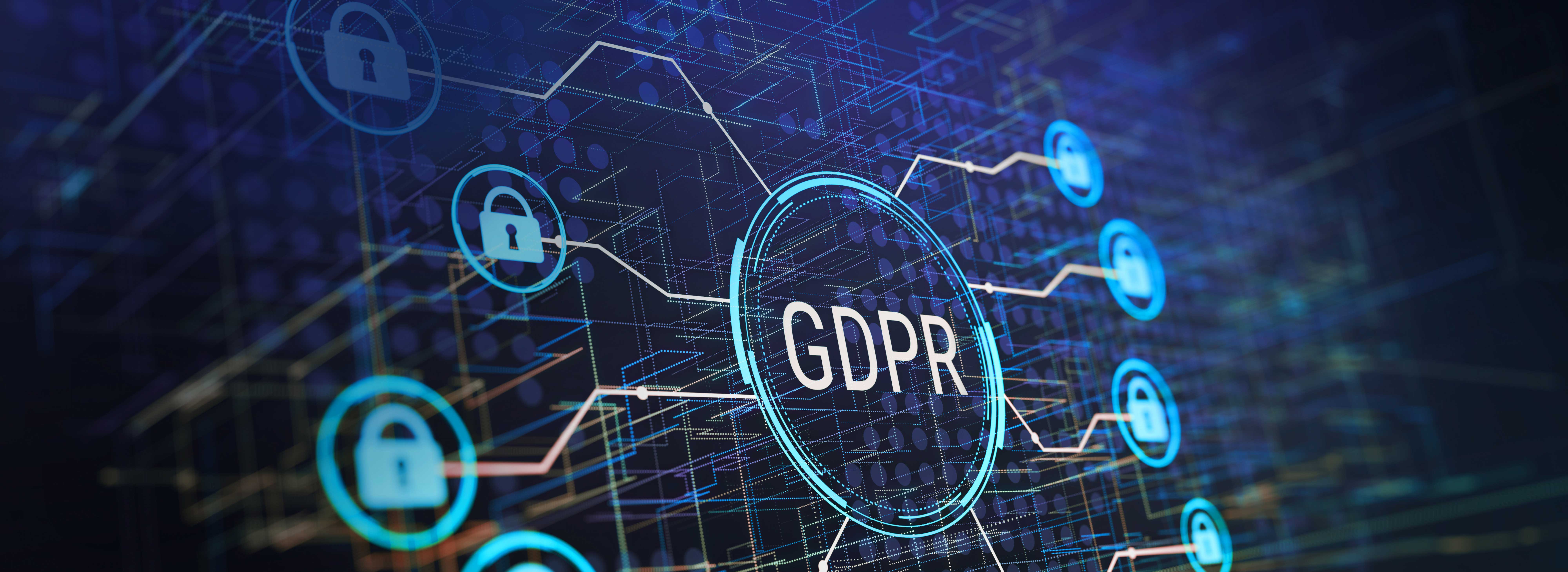 Grafik, die das Akronym "GDPR" in der Mitte zeigt, umgeben von verschiedenen Icons, die ein Schloss symbolisieren. Die Darstellung vermittelt das Thema Datenschutz und Datensicherheit. Der Hintergrund besteht aus grafischen Elementen, die digitale Vernetzung suggerieren.